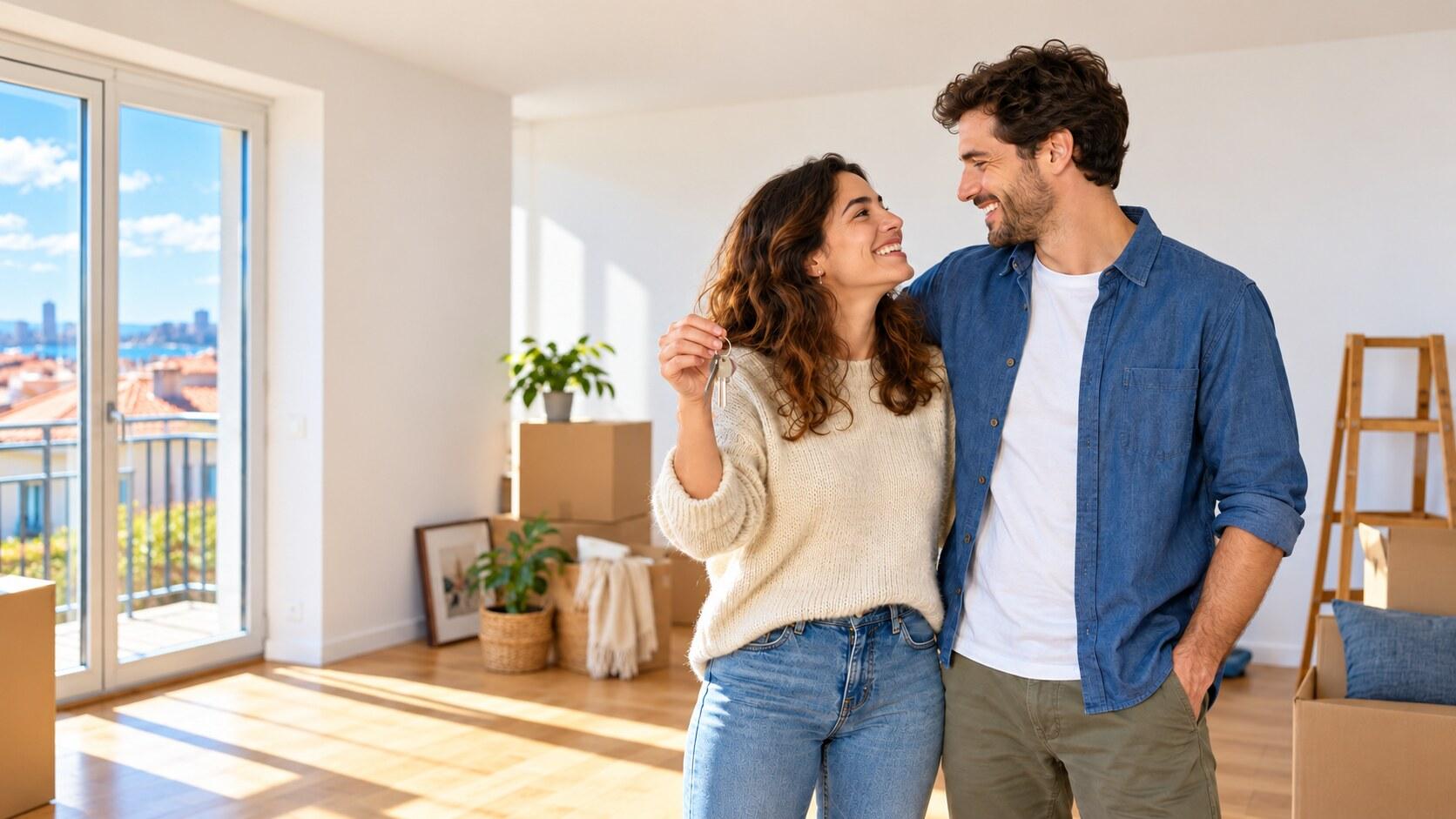 Jovem casal com as chaves da primeira casa após obter crédito habitação